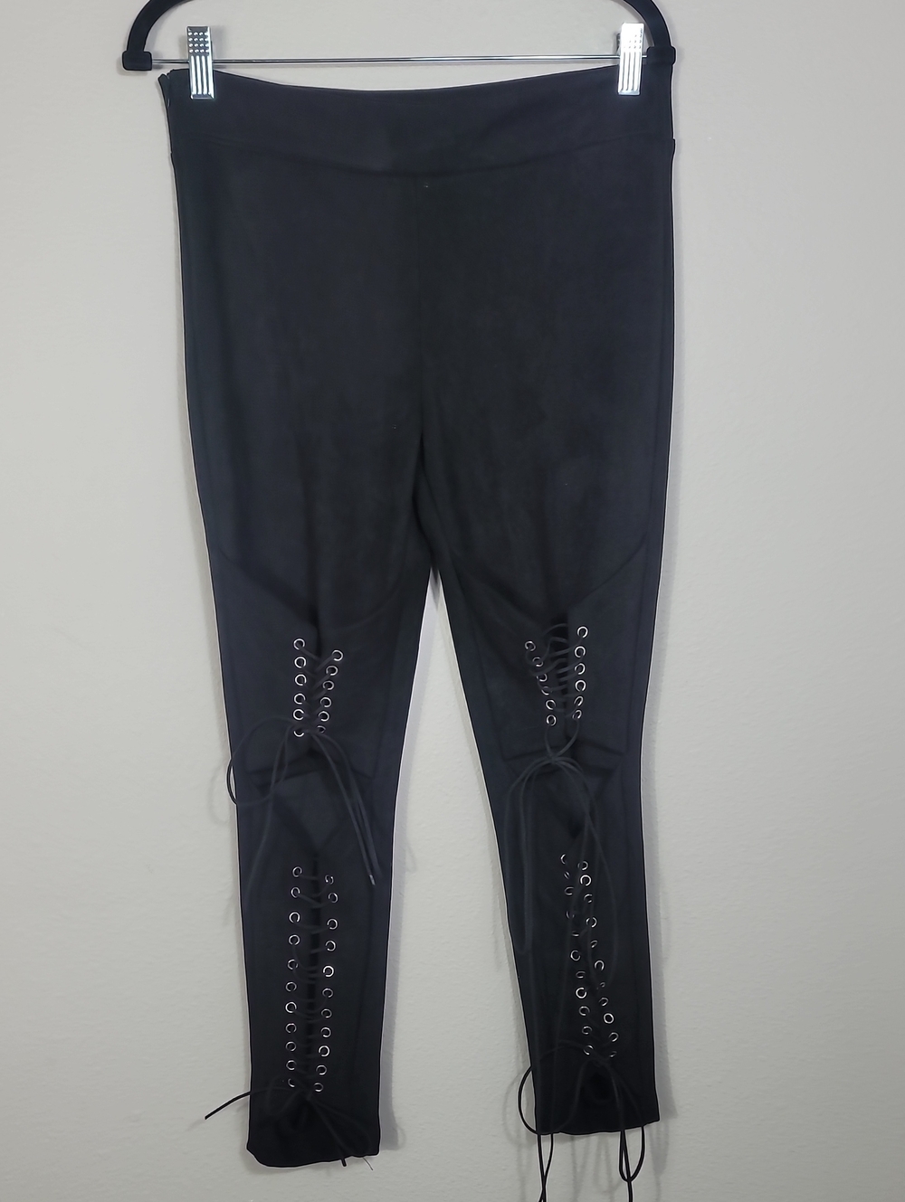Black Faux Suede Lace Up Pants Size Large Y2K Goth Whimsigoth Grunge